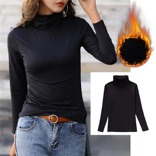 Women Thermal Underwear Winter Bottom Shirt Solid Semi High Collar Long Sleeve Basic T-Shirt