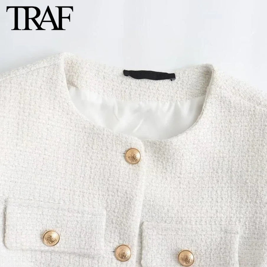 Women Fashion Spring New Flip Pocket Jacket  Single-breasted Crewneck Tweed Short Coats