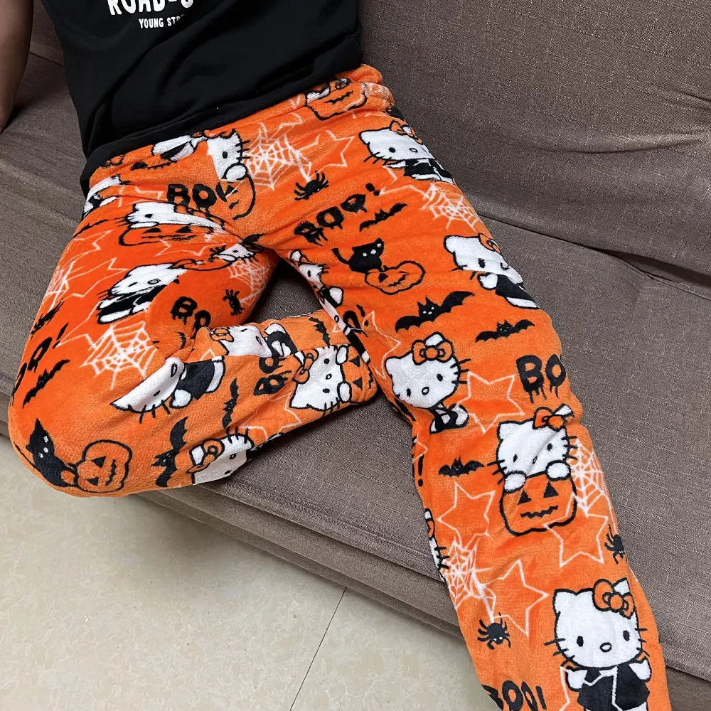 Kitty Flannel Pyjamas Black Women's Warm Woollen Cartoon Casual Home Pants In Autumn Winter Fashion Trousers