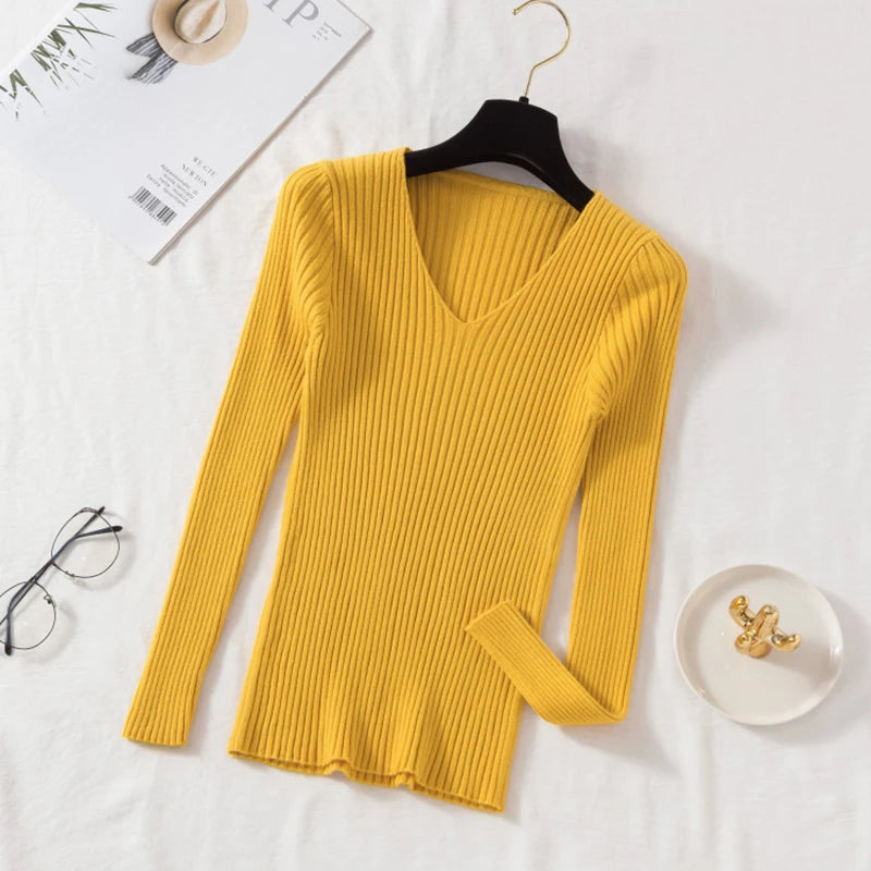 Autumn Winter Women Sweaters Casual Long Sleeve Knitted V Neck Pullover Sweater