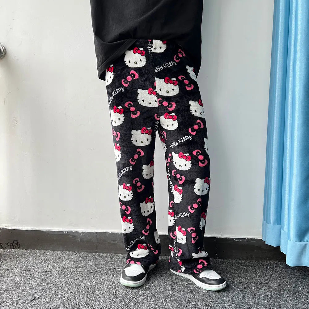 Kitty Flannel Pyjamas Black Women's Warm Woollen Cartoon Casual Home Pants In Autumn Winter Fashion Trousers