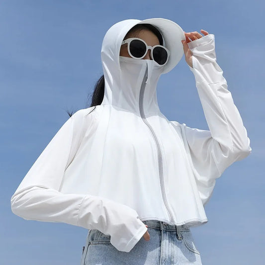 Women Sunscreen Hoodie Solid Colour Thin Ice Silk Summer UV Protection Long-sleeved Jacket Breathable Shirt Clothing