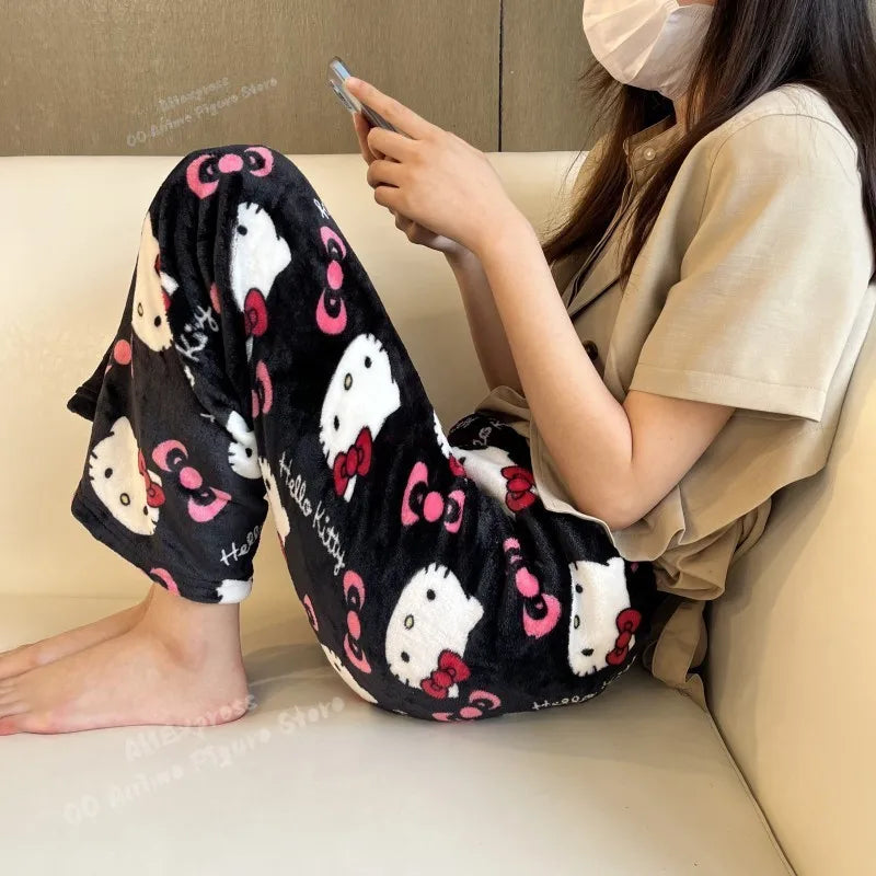 Kitty Pyjamas Black Anime Flannel Women Warm Woollen White cartoon Casual Home Pants Autumn Fashion Trousers Gifts