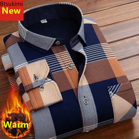 2024 Men's Autumn Winter Casual Long Sleeve Plaid Shirt Thick Warm Men's Casual shirt