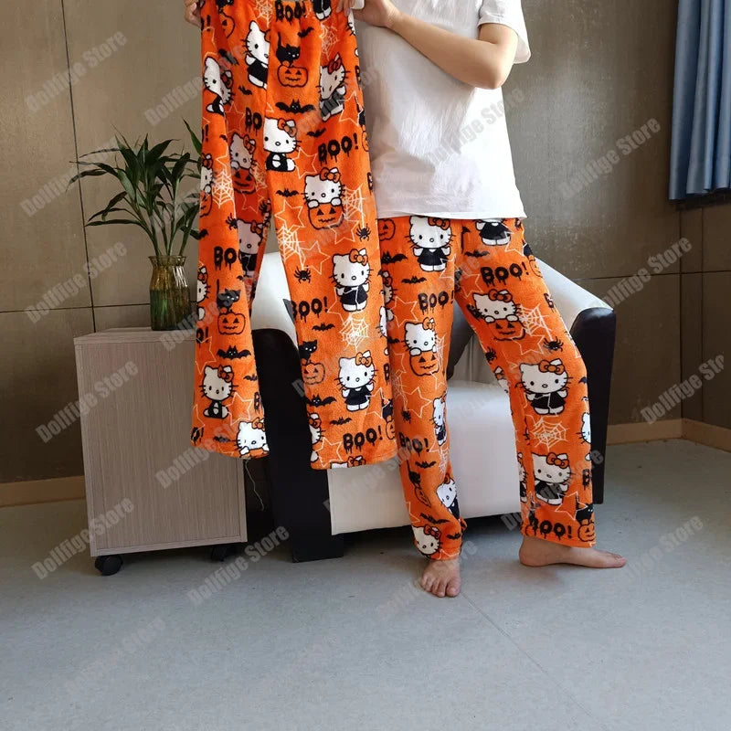 Kitty Pyjamas Halloween Flannel Fashion Trousers women Kawaii Woollen Anime Cartoon Casual Home Pant Autumn