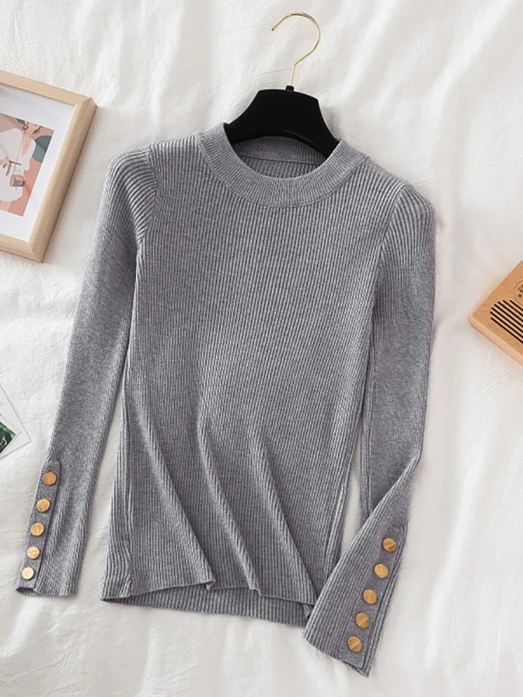 2024 women thick sweater pullovers casual autumn winter button o-neck chic sweater