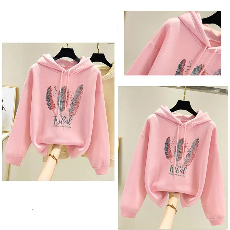 Women Fashion Feather Printed Hoodies Autumn Winter Plus Casual Loose Sweatshirt