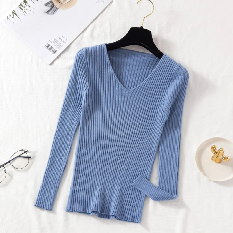 Autumn Winter Women Sweaters Casual Long Sleeve Knitted V Neck Pullover Sweater