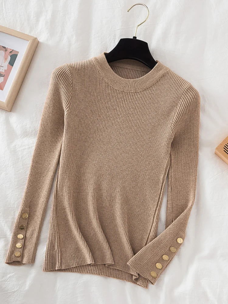 2024 women thick sweater pullovers casual autumn winter button o-neck chic sweater