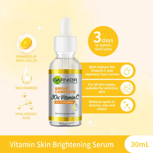 Garnier Bright Complete 30x Vitamin C Niacinamide Booster Serum Whitening Skin Tone Essence Fade Acne Mark Beauty Products 30ml