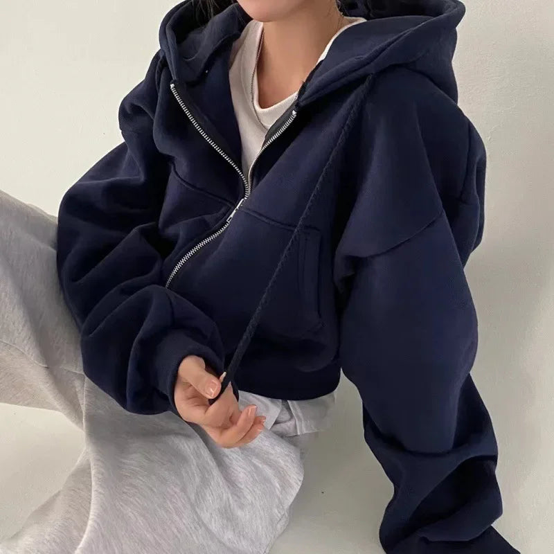 2024 Spring Autumn New Versatile Cropped Slims Smooths Silhouette Zip-up Warm Navy Blue Hooded Sweatshirt