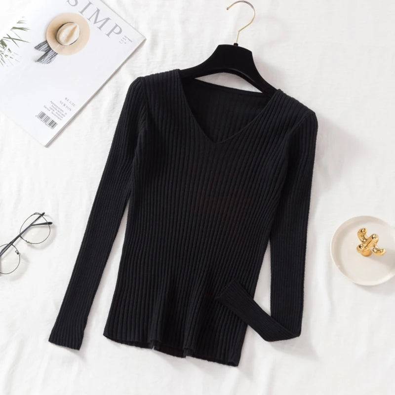 Autumn Winter Women Sweaters Casual Long Sleeve Knitted V Neck Pullover Sweater