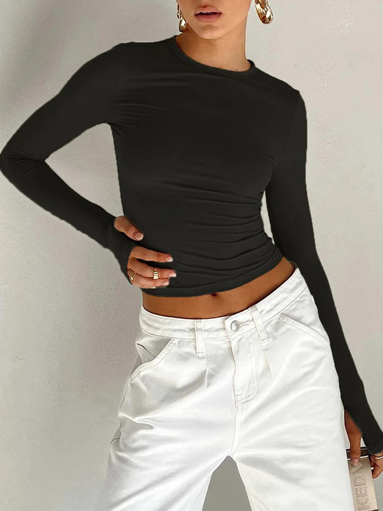 Fashion Women T-shirt Long Sleeve Neck Solid Slim Fit Ladies Crop Top with Thumb Holes for Daily