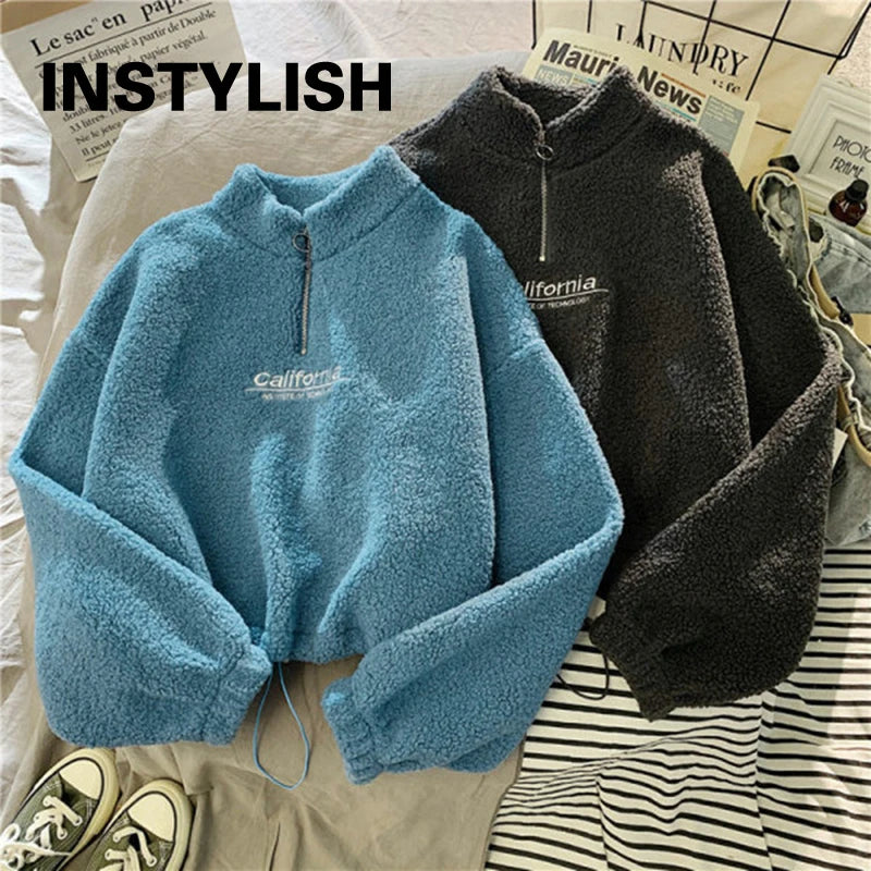 Women Stand Neck Fleece Cropped Hoodies Autumn Letter Embroidery Long Sleeve