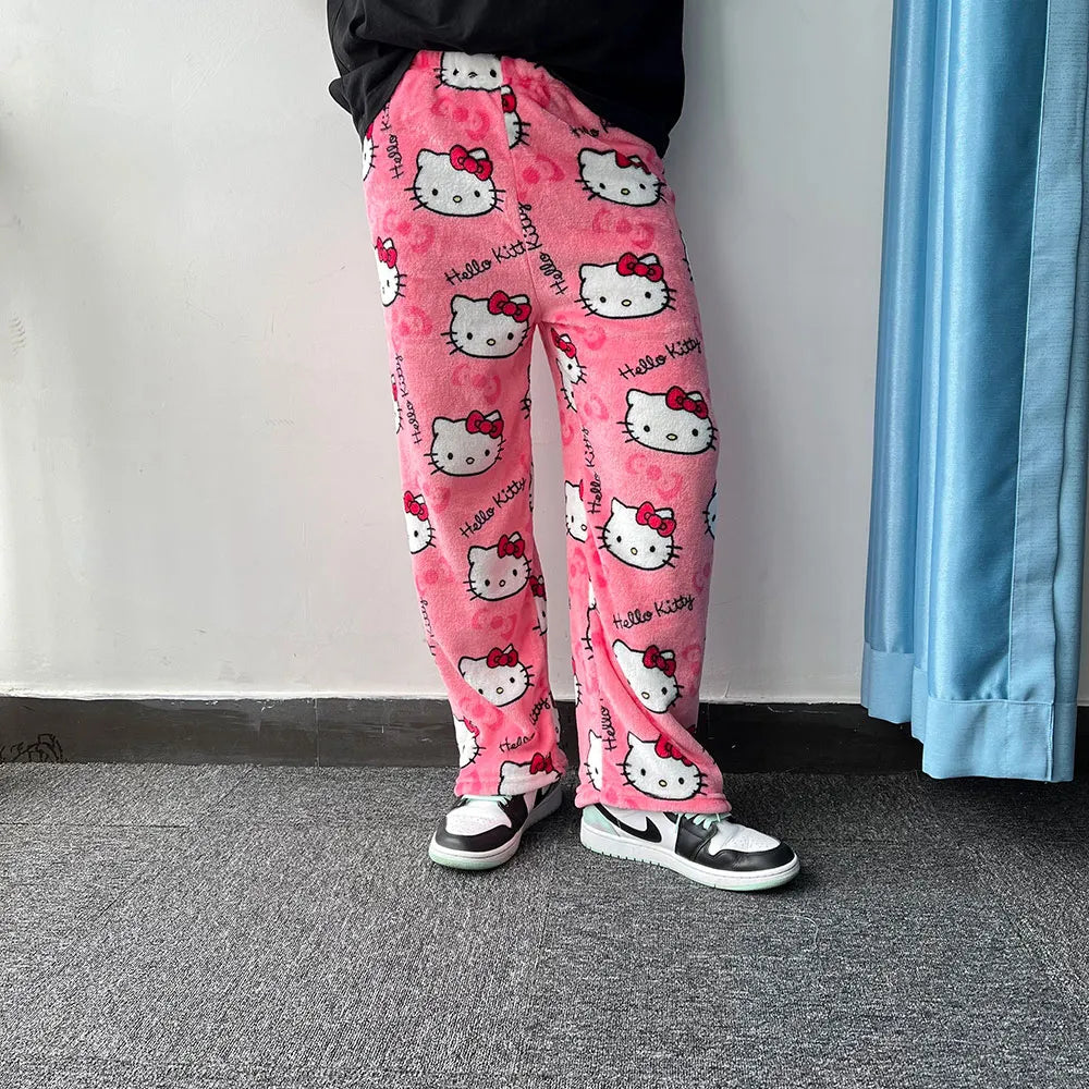 Kitty Flannel Pyjamas Black Women's Warm Woollen Cartoon Casual Home Pants In Autumn Winter Fashion Trousers