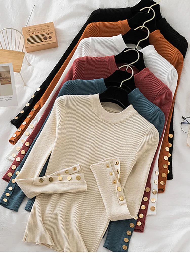 2024 women thick sweater pullovers casual autumn winter button o-neck chic sweater