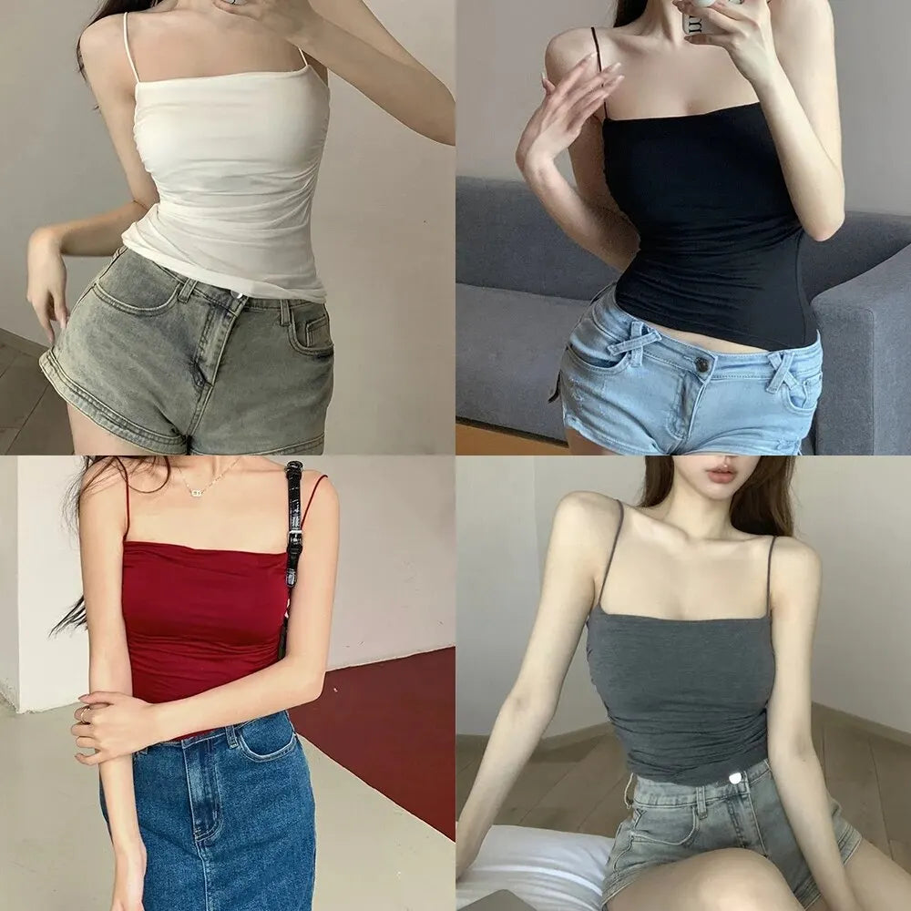 Women's Sleeveless Top Tank Underwear Short Top With Thin Straps Plain White Tank Top Korean Style