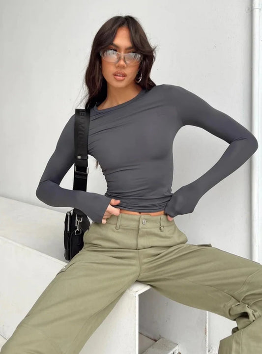 Women's Long Sleeved T-Shirt Spring And Autumn Solid Colour