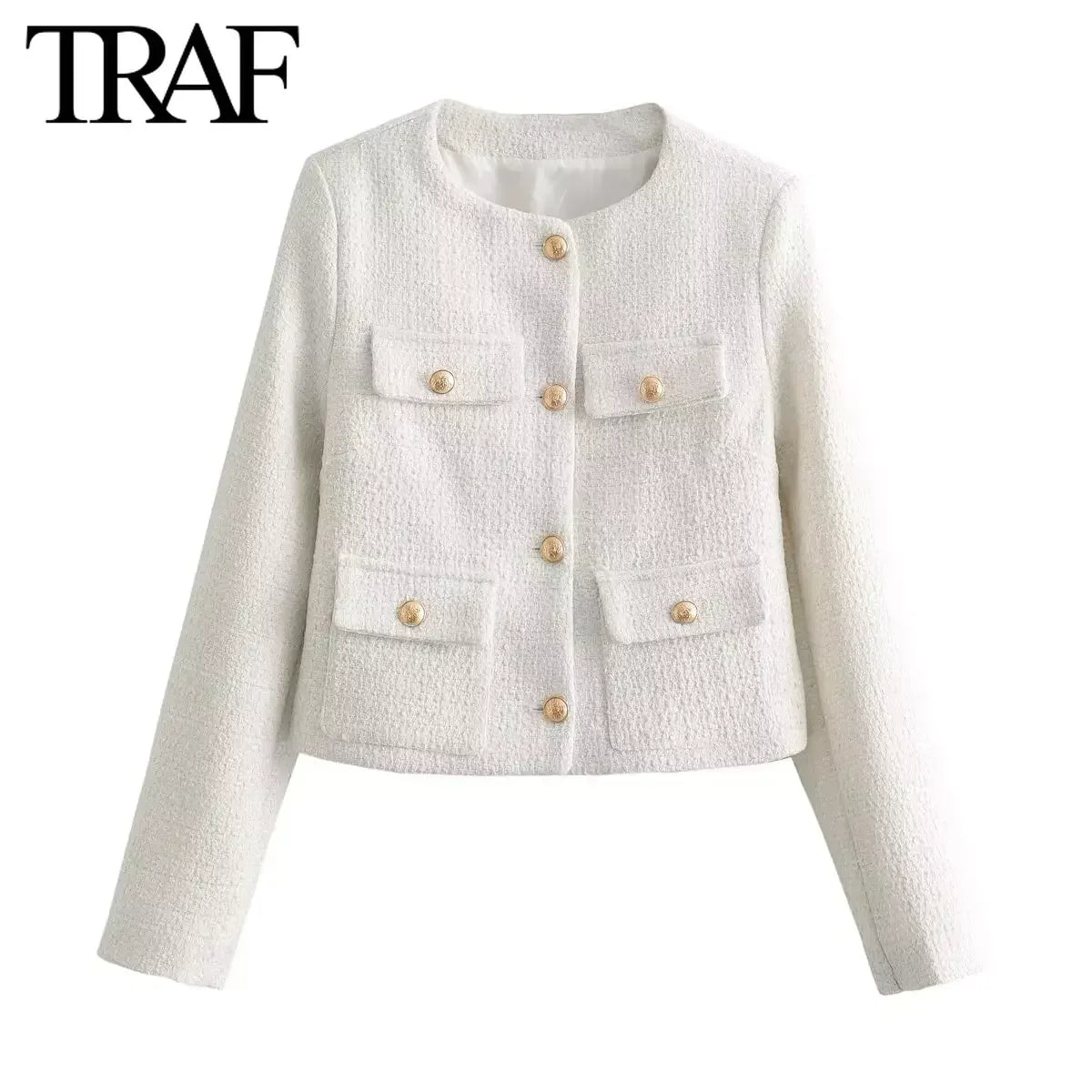 Women Fashion Spring New Flip Pocket Jacket  Single-breasted Crewneck Tweed Short Coats