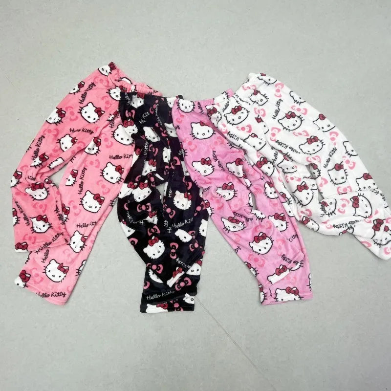 Kitty Pyjamas Black Anime Flannel Women Warm Woollen White cartoon Casual Home Pants Autumn Fashion Trousers Gifts