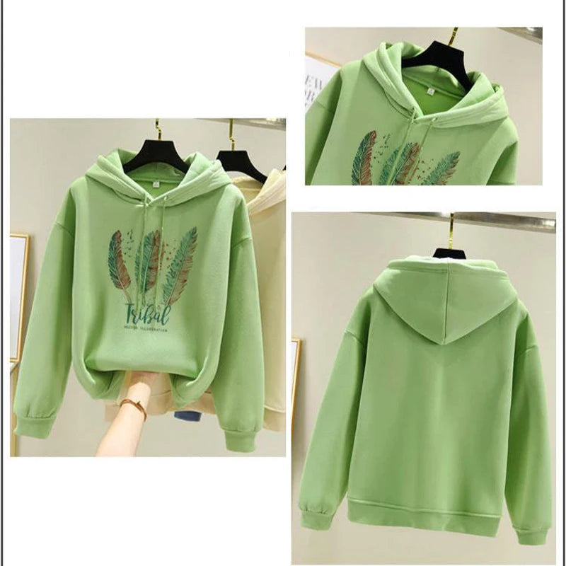 Women Fashion Feather Printed Hoodies Autumn Winter Plus Casual Loose Sweatshirt