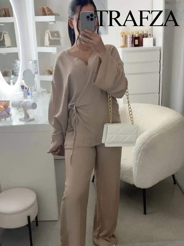 Women's Summer Fashion Linen Solid Colour Shirt Set Belted Cardigan Top + High Waist Women's Pleated Pants 2-piece