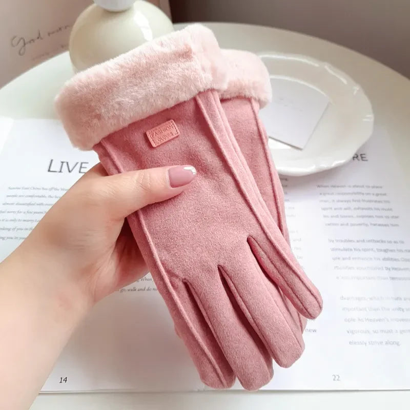 Women Winter Thick Plush Gloves Fashion Warm Suede Outdoor