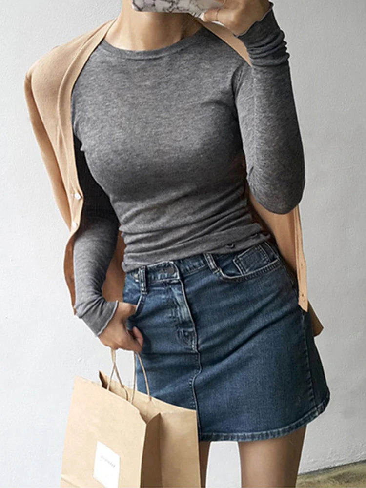 Women T Shirt Elastic Casual Tops Long Sleeve T-shirt Female Thin T-shirt See Through Basic T-shirts