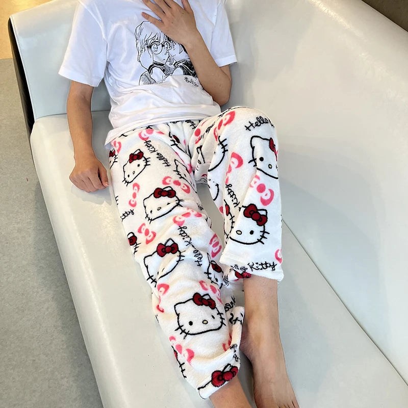 Kitty Pyjamas Black Anime Flannel Women Warm Woollen White cartoon Casual Home Pants Autumn Fashion Trousers Gifts