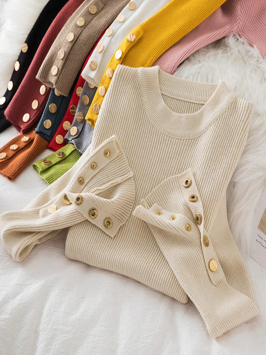 2024 women thick sweater pullovers casual autumn winter button o-neck chic sweater