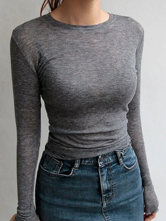 Women T Shirt Elastic Casual Tops Long Sleeve T-shirt Female Thin T-shirt See Through Basic T-shirts