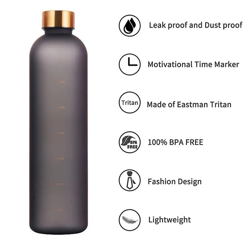 1L Bottle With Time Marker 32 OZ  Fitness Sports Outdoors Travel Leakproof BPA Free Frosted Plastic