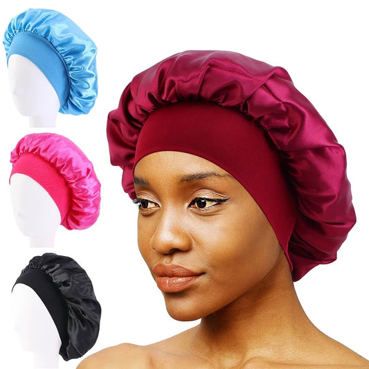 New Women's Solid Wide-brimmed Sleeping Hat Unisex Head Wrap Elastic Band Cap